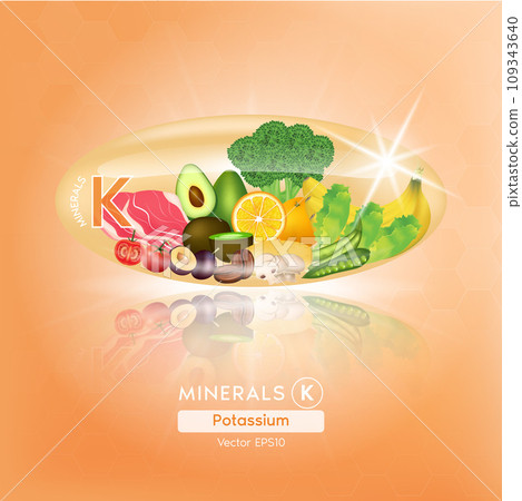 Food rich in minerals vitamins. Potassium in orange capsule with vegetables, fruits, seafood and meat healthy foodstuffs. Vector illustration. Food rich in minerals vitamins. Potassium in orange capsule with vegetables, fruits, seafood and meat healthy foodstuffs. Vector illustration. 109343640