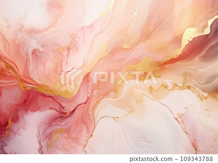 Rose pink liquid watercolor background with golden dots. Dusty blush marble alcohol ink drawing effect 109343788