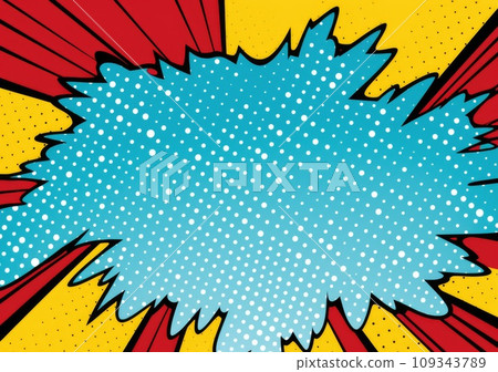 Pop art halftone background. Comic starburst pattern. Blue banner with star speech bubble Pop art halftone background. Comic starburst pattern. Blue banner with star speech bubble 109343789