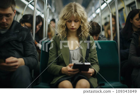 A tired woman rides public transportation and sleeps. 109343849