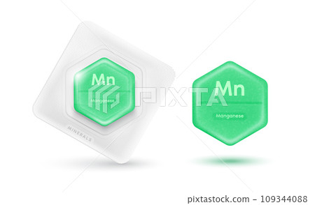 Pills capsules green essential chemical manganese minerals or Dietary element. Vitamin complex food sources for human body needs them to grow and stay healthy. Realistic 3D vector Illustration. Pills capsules green essential chemical manganese minerals or Dietary element. Vitamin complex food sources for human body needs them to grow and stay healthy. Realistic 3D vector Illustration. 109344088