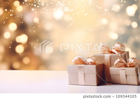 Christmas banner with Christmas decorations, gift boxes, sparkling bokeh.GenerativeAI. 109344105