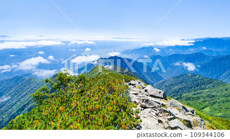 Climbing Mt. Jigatake in summer (view of the Omachi city area from the middle peak of Mt. Jigatake) Climbing Mt. Jigatake in summer (view of the Omachi city area from the middle peak of Mt. Jigatake) 109344106