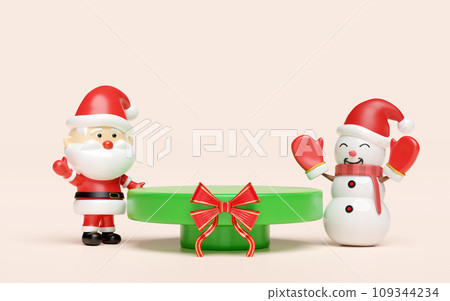 cylinder stage podium with Santa claus, snowman, red ribbon. merry christmas and happy new year, 3d render illustration cylinder stage podium with Santa claus, snowman, red ribbon. merry christmas and happy new year, 3d render illustration 109344234