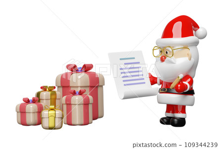 Santa Claus is checking gift boxes with a checklist. merry christmas and happy new year, 3d render illustration Santa Claus is checking gift boxes with a checklist. merry christmas and happy new year, 3d render illustration 109344239