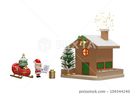 Santa Claus is checking gift boxes with checklist, sleigh, christmas tree, house, fence, jingle bell, gingerbread man, candy cane. merry christmas and happy new year, 3d render illustration Santa Claus is checking gift boxes with checklist, sleigh, christmas tree, house, fence, jingle bell, gingerbread man, candy cane. merry christmas and happy new year, 3d render illustration 109344240