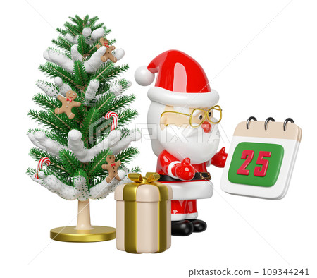Santa Claus in glasses holds a calendar on December 25th with gift box, christmas tree, gingerbread man, candy cane. merry christmas and happy new year, 3d render illustration Santa Claus in glasses holds a calendar on December 25th with gift box, christmas tree, gingerbread man, candy cane. merry christmas and happy new year, 3d render illustration 109344241