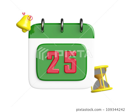 calendar on December 25th with warning bell notification, hourglass. merry christmas and happy new year, 3d render illustration calendar on December 25th with warning bell notification, hourglass. merry christmas and happy new year, 3d render illustration 109344242