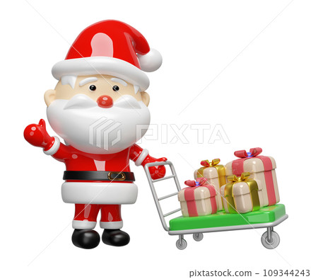 Santa Claus pushing warehouse trolley or platform trolley with gift box. merry christmas and happy new year, 3d render illustration Santa Claus pushing warehouse trolley or platform trolley with gift box. merry christmas and happy new year, 3d render illustration 109344243