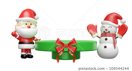 cylinder stage podium with Santa claus, snowman, red ribbon. merry christmas and happy new year, 3d render illustration cylinder stage podium with Santa claus, snowman, red ribbon. merry christmas and happy new year, 3d render illustration 109344244