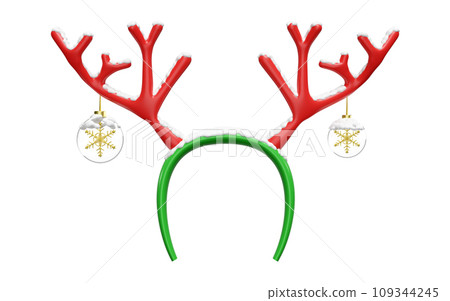 3d christmas deer horn headband with snow, ornaments glass transparent, snowflake. merry christmas and happy new year, 3d render illustration 3d christmas deer horn headband with snow, ornaments glass transparent, snowflake. merry christmas and happy new year, 3d render illustration 109344245