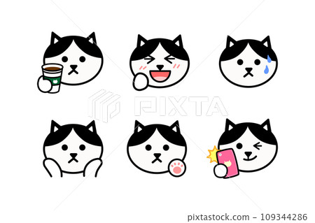 Cat face icon set black and white cat coffee laughing panicking 109344286