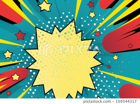 Pop art halftone background. Comic starburst pattern. Blue banner with star speech bubble 109344317