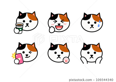Cat face icon set calico cat coffee laughing panicking 109344340
