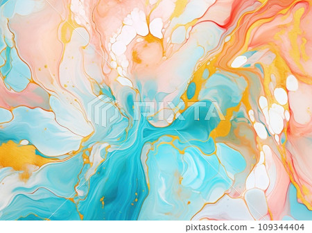 Liquid abstract marble painting background print with rose gold glitter splatter texture 109344404