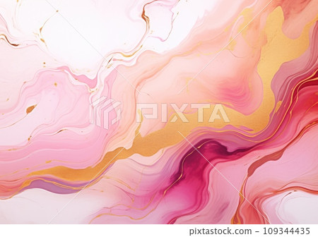 Abstract fluid art painting background in alcohol ink technique, mixture of pink, purple and yellow paints. Transparent overlayers of ink 109344435