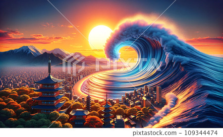 Sunset Tsunami Approaching Japanese Coast 109344474