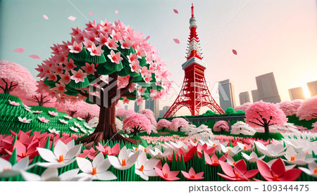 Origami Cherry Blossoms and Tokyo Tower 109344475