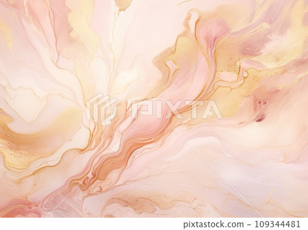 Blush pink watercolor fluid painting design card. Dusty rose and golden marble geode frame. Spring wedding invitation. 109344481