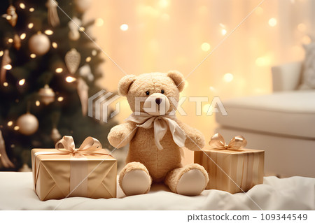 Cozy Bed with Gift Box, Bear Doll, Warm Lighting, Pine Tree, and Christmas Accessories.GenerativeAI. 109344549