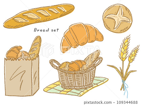 法國麵包、羊角麵包和小麥、籃子裡的麵包、手繪可愛的插圖集 109344688