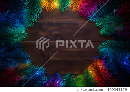 pine tree leaf on the table and multicolor festival leds light,top view,surround empty space.GenerativeAI. pine tree leaf on the table and multicolor festival leds light,top view,surround empty space.GenerativeAI. 109345159