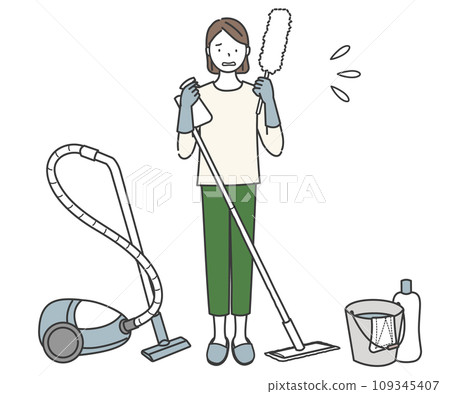 一個有很多清潔工具和一張困擾的臉的女人 109345407