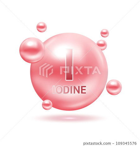 Minerals iodine and Vitamin for health. Medical and dietary supplement health care concept. 3D Vector EPS10 illustration. Isolated on a white background. 109345576