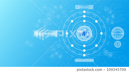 Minerals magnesium and Vitamin supplements complex capsule. Calcium food sources and functions. Health care and science icon pattern medical innovation. Blue background vector. 109345709