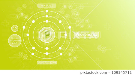 Minerals phosphorus and Vitamin supplements complex capsule. Calcium food sources and functions. Health care and science icon pattern medical innovation. Green background vector. 109345711