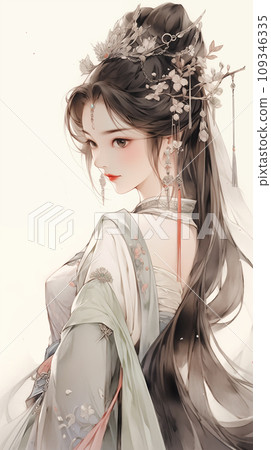 手绘唯美的水墨中国美女插画 109346335