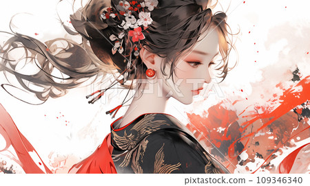 手绘唯美的水墨中国美女插画 手绘唯美的水墨中国美女插画 109346340
