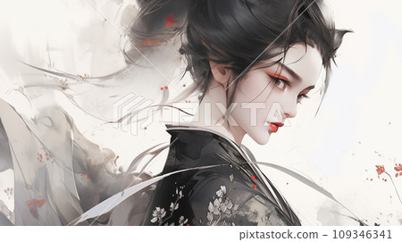 手绘唯美的水墨中国美女插画 手绘唯美的水墨中国美女插画 109346341