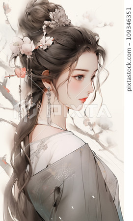 手绘唯美的水墨中国美女插画 109346351