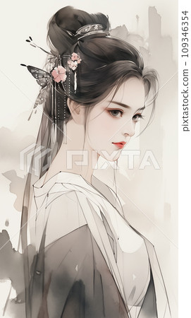 手绘唯美的水墨中国美女插画 109346354