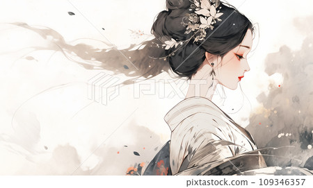 手绘唯美的水墨中国美女插画 手绘唯美的水墨中国美女插画 109346357