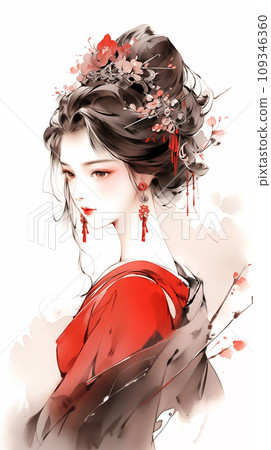 手绘唯美的水墨中国美女插画 手绘唯美的水墨中国美女插画 109346360