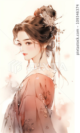 手绘唯美的水墨中国美女插画 手绘唯美的水墨中国美女插画 109346374