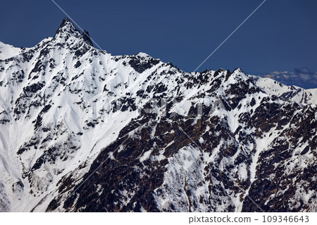從北阿爾卑斯山的大天陽山看到殘雪的矢裡岳和北鐮山脊 109346643