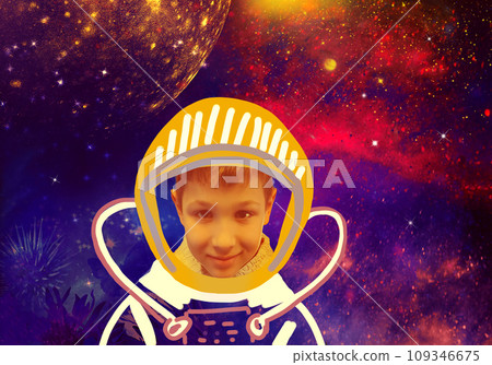 Childhood and dream concept. Conceptual image with boy dreaming about space, stars, planets. 109346675
