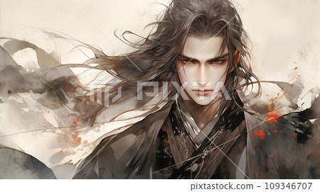 手绘唯美的水墨英俊的中国古装男子插画 109346707