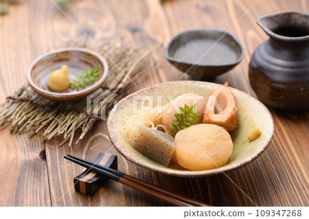 Oden served on a small plate, served with sake Oden served on a small plate, served with sake 109347268