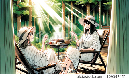 兩個女孩洗完桑拿、曬太陽後在森林裡放鬆 109347451