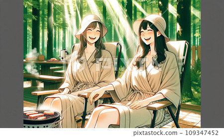 陽光明媚的一天,在森林裡,兩個女人從桑拿房出來後聊天 陽光明媚的一天,在森林裡,兩個女人從桑拿房出來後聊天 109347452