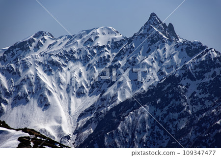 Mt. Yarigatake with residual snow floating in the afternoon light seen from the Tsubadake ridge in the Northern Alps Mt. Yarigatake with residual snow floating in the afternoon light seen from the Tsubadake ridge in the Northern Alps 109347477
