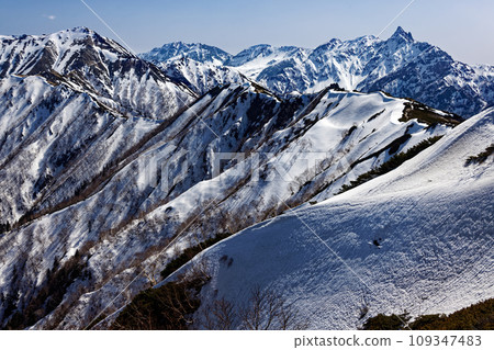 從北阿爾卑斯山的椿岳、穗高連峰和大天養岳看到，殘雪在午後的陽光下漂浮。 109347483