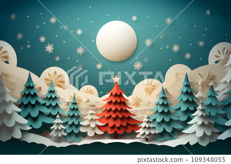 christmas card with christmas tree and snowflakes.merry christmas papercraft style.GenerativeAI. 109348055