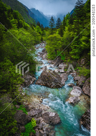 Spectacular Soca river in the forest, Bovec, Slovenia Spectacular Soca river in the forest, Bovec, Slovenia 109348183