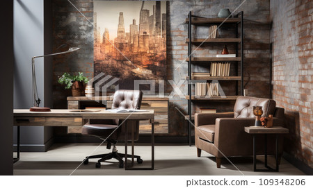 Industrial-style home office with a reclaimed wood desk Design and a bookshelf Industrial-style home office with a reclaimed wood desk Design and a bookshelf 109348206