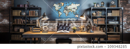 Industrial-style home office with a reclaimed wood desk Design and a bookshelf Industrial-style home office with a reclaimed wood desk Design and a bookshelf 109348285